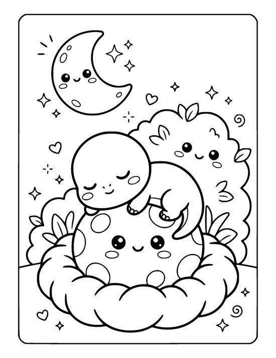 Tiny dinosaur napping on top of a big polka dot egg in a soft nest on a coloring page