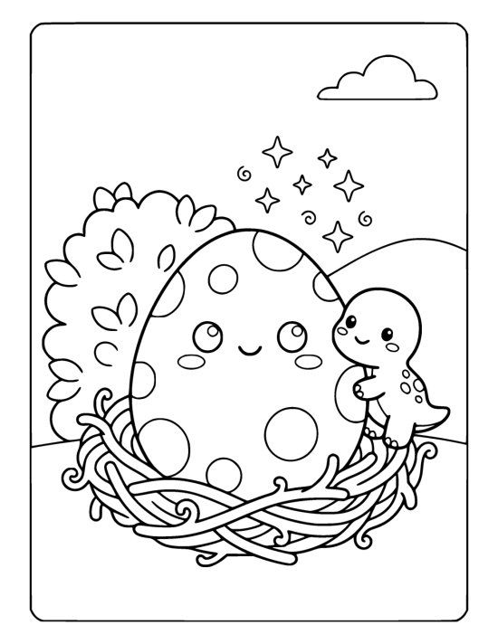 Big polka dot dinosaur egg with a smiling face sitting in a soft nest on a coloring page