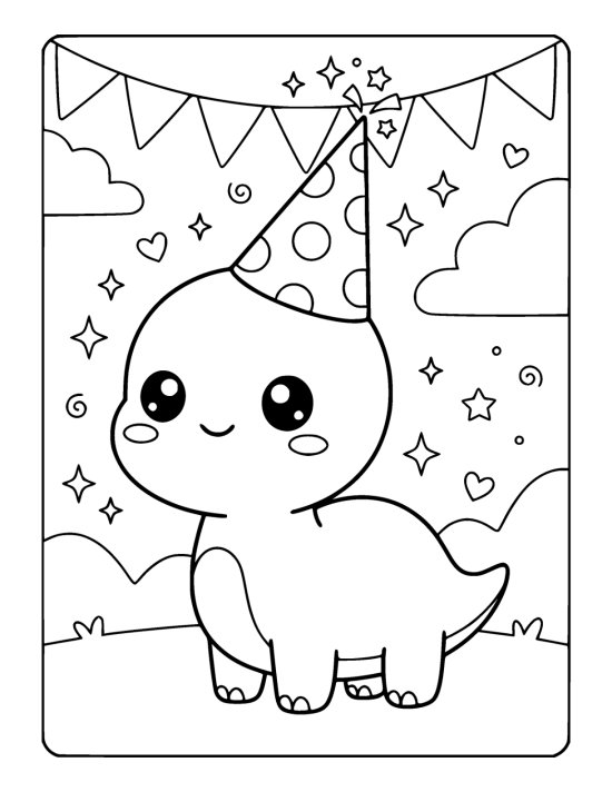 Round chibi dinosaur wearing a tall polka dot party hat under blank bunting on a coloring sheet