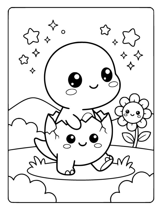 Tiny baby dinosaur climbing out of a cracked eggshell with a happy face on a coloring sheet