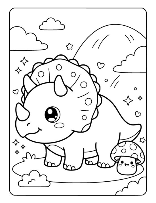 Round chibi triceratops with stubby horns beside a smiling mushroom on a coloring page