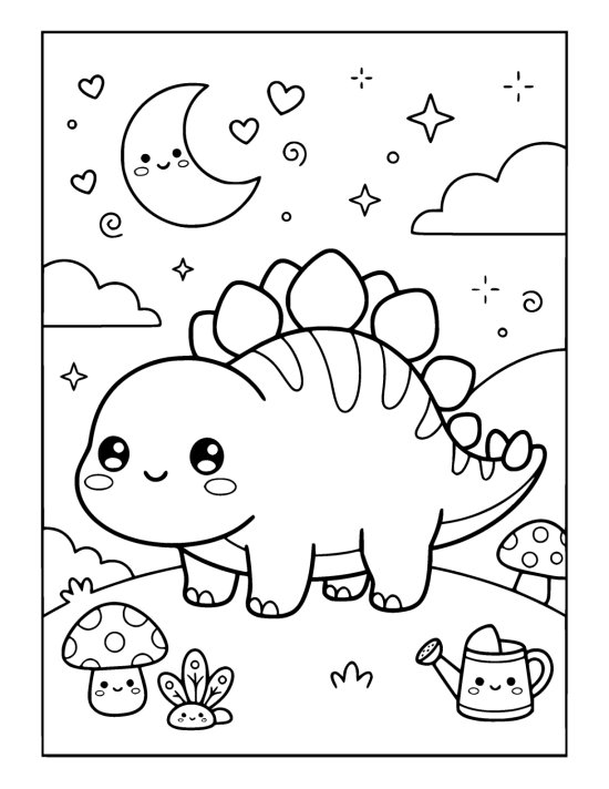 Plump stegosaurus with heart shaped plates under a smiling crescent moon on a coloring sheet