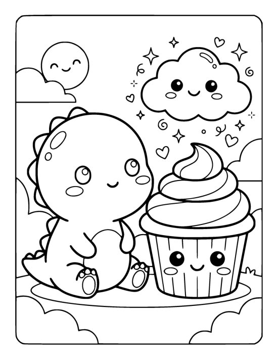 Tiny round dinosaur sitting beside an oversized cupcake with a happy face on a coloring page