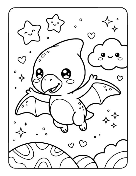 Chubby little pterodactyl with rounded wings flying past a smiling cloud on a coloring sheet