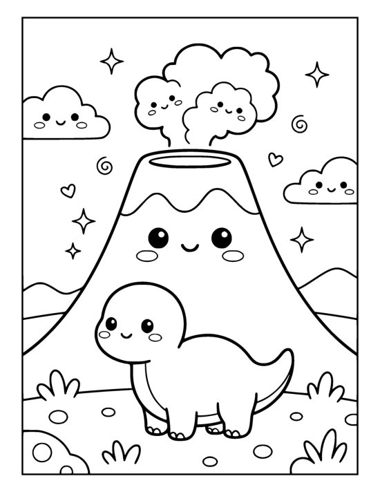 Short wide volcano with a smiling face and a tiny dinosaur in front on a coloring page