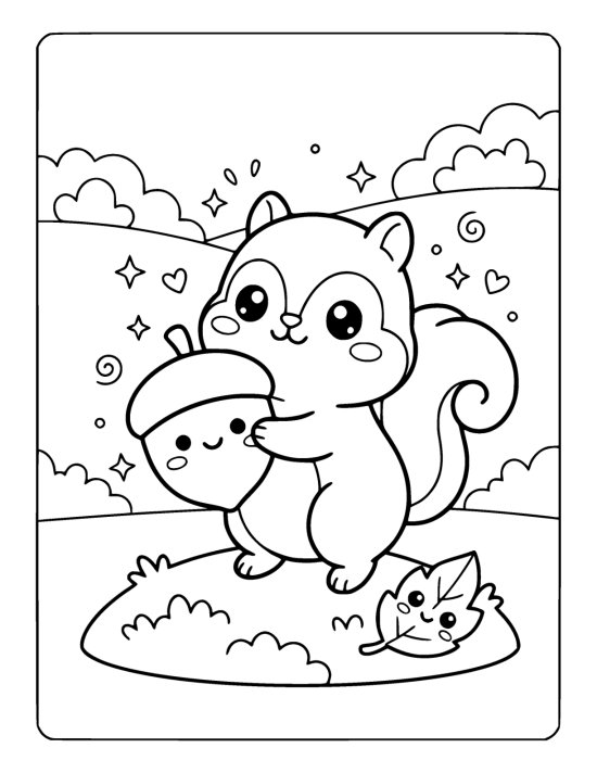 Round kawaii squirrel hugging a large smiling acorn on a coloring page