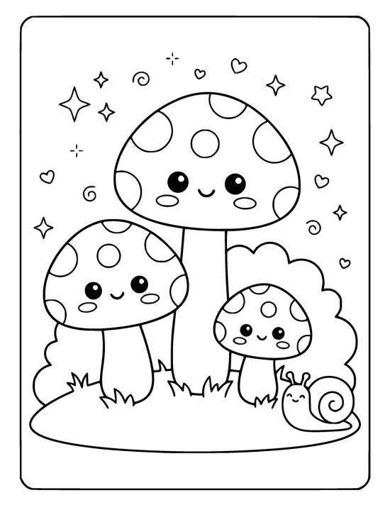 Three rounded mushrooms with smiling faces and polka dot caps on a coloring sheet