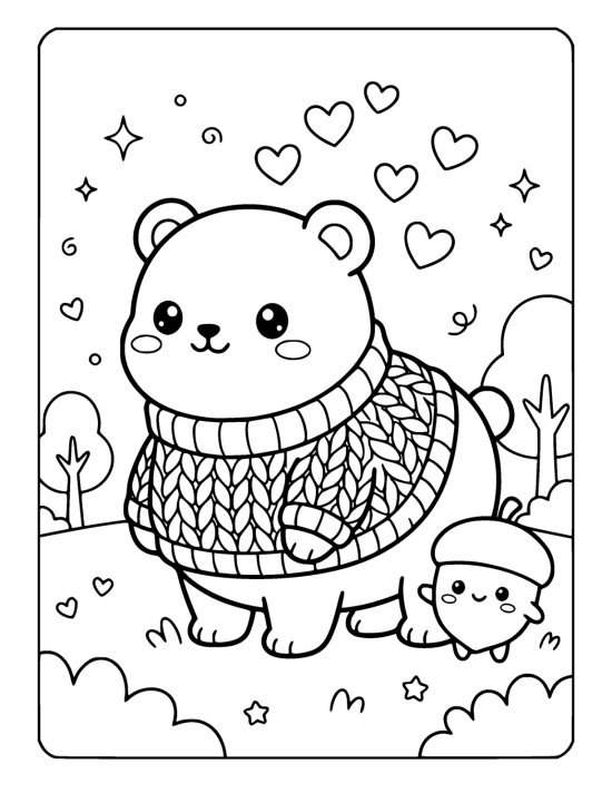 Chubby bear in a knitted sweater standing on rounded grass on a coloring page
