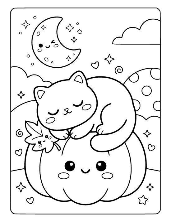 Fluffy cat napping curled on top of a smiling pumpkin on a coloring sheet