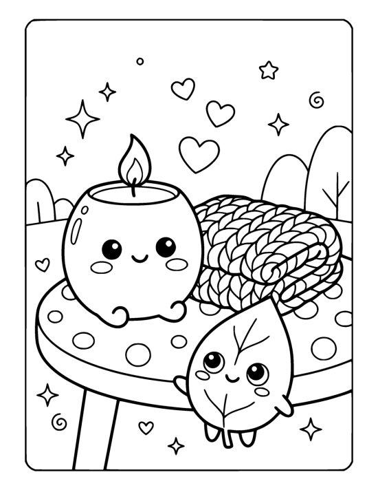 Fat candle with a smiling face beside a thickly folded patterned blanket on a coloring page