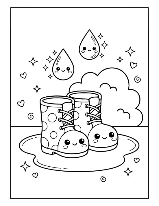 Pair of chunky rubber boots with smiling faces standing in a puddle on a coloring sheet
