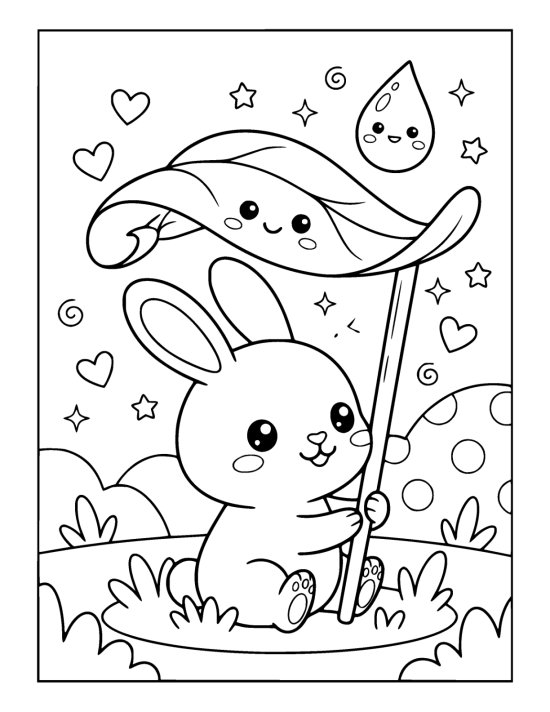 Round chibi bunny sheltering under an enormous curled leaf parasol on a coloring page