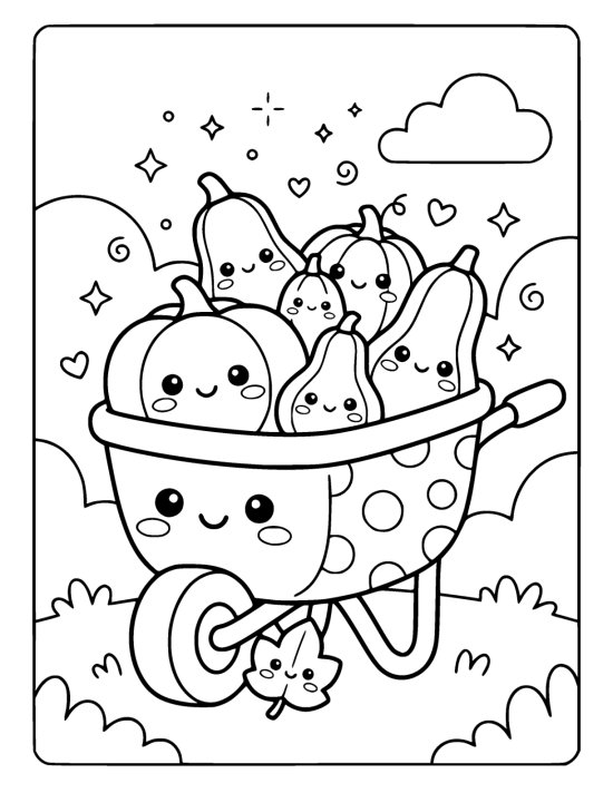 Little wheelbarrow with a smiling face heaped with grinning gourds on a coloring sheet