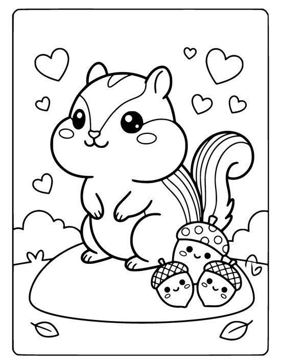 Tiny chipmunk with hugely puffed cheeks beside a pile of smiling acorns on a coloring page