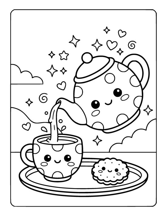 Fat teapot with a smiling face pouring into a chubby grinning cup on a coloring sheet