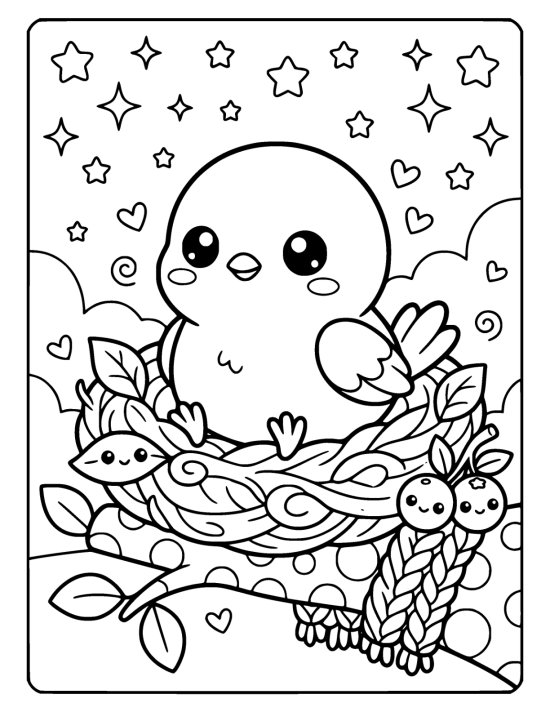 Plump round bird sitting in a nest woven from curled leaves on a coloring page