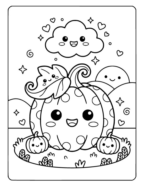 Smiling pumpkin wearing a large curled leaf as a hat on a coloring sheet