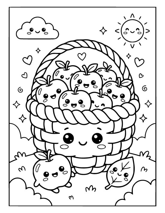 Woven basket with a smiling face filled with grinning apples on a coloring sheet