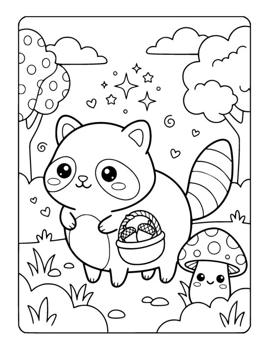 Round chibi raccoon carrying a small basket of acorns on a coloring page