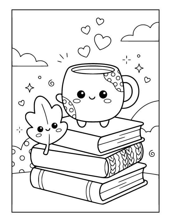 Stack of three fat books with blank covers under a smiling mug on a coloring sheet