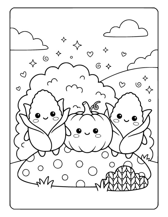 Two plump corn cobs with smiling faces and peeled back husks on a coloring page