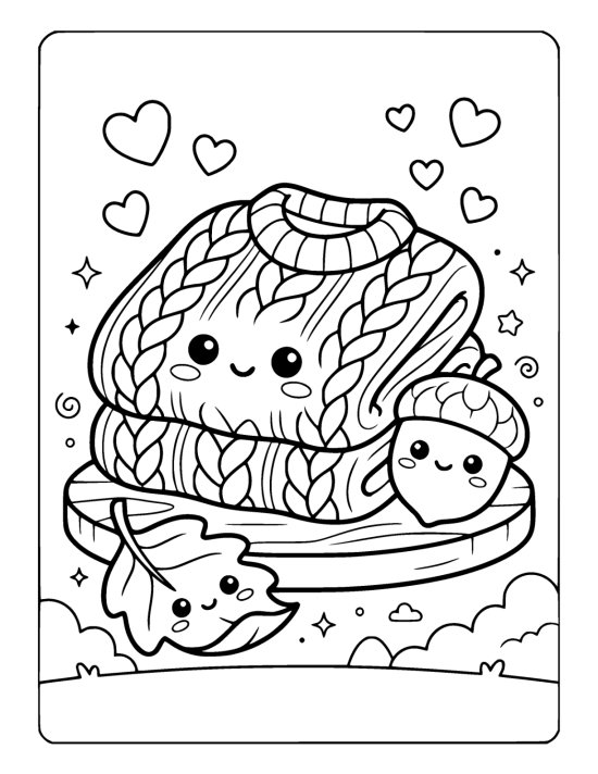 Thickly folded knitted sweater with a smiling face and a cable pattern on a coloring sheet