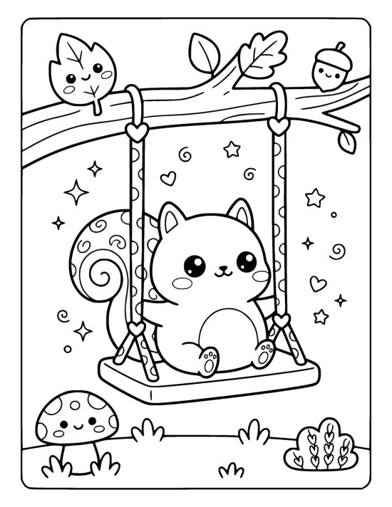 Tiny squirrel sitting on a wide swing hanging from a thick branch on a coloring page