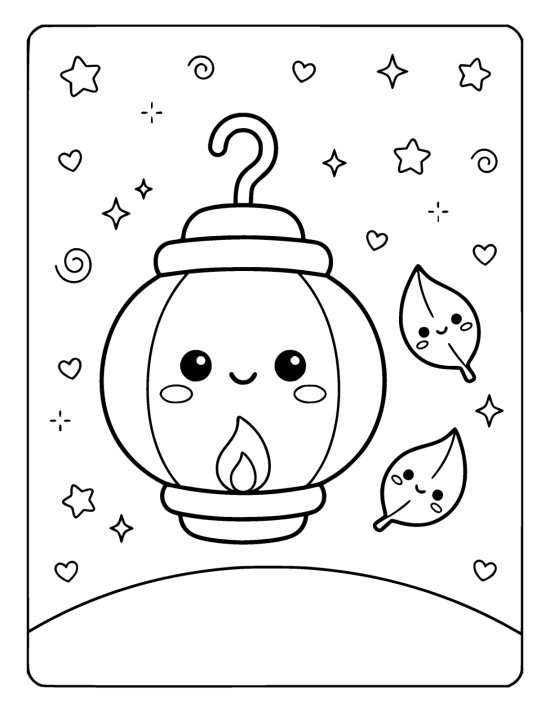 Fat round lantern with a smiling face hanging from a curved hook on a coloring sheet