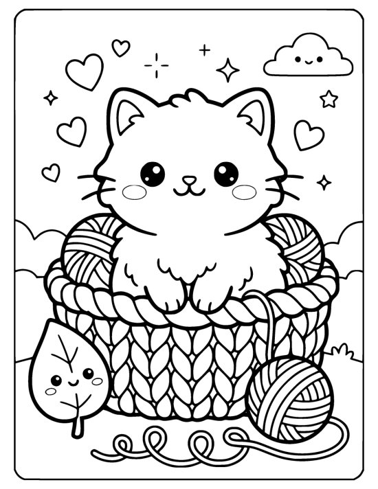 Fluffy cat sitting in a wide basket of fat yarn balls on a coloring page