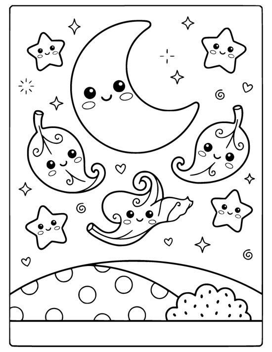 Smiling crescent moon with curled leaves drifting past it at night on a coloring sheet