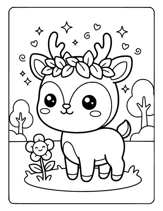 Round chibi deer wearing a ring of chunky leaves between its antlers on a coloring page