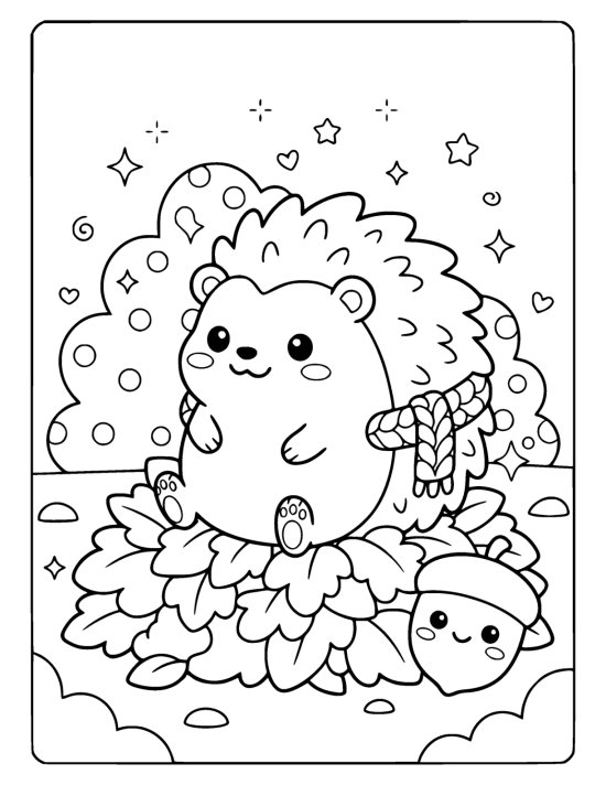 Plump hedgehog with a happy face sitting on a soft pile of leaves on a coloring page