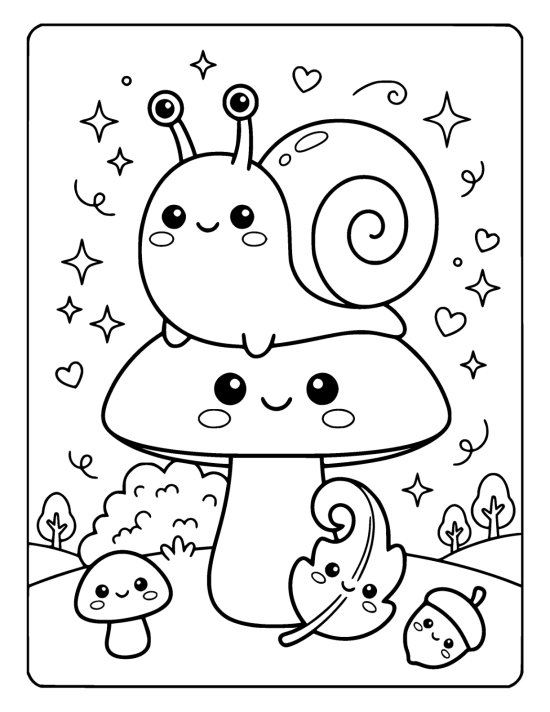 Smiling snail on a wide toadstool cap with its own happy face on a coloring sheet