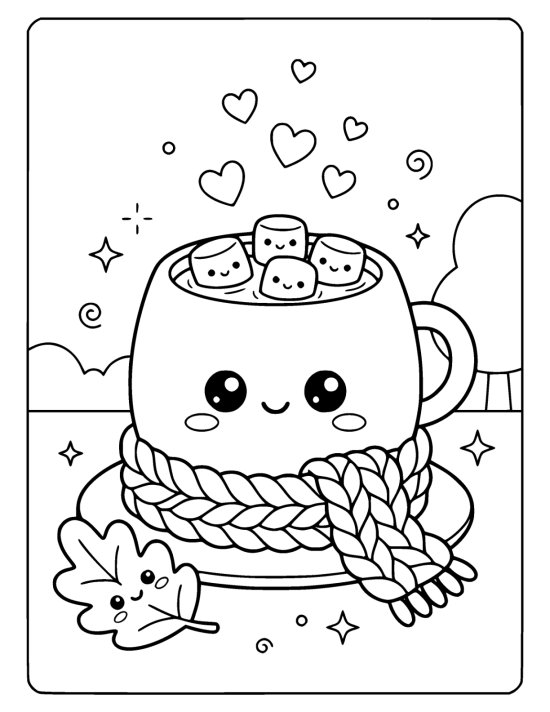 Fat mug of cocoa with a smiling face wrapped in a knitted scarf on a coloring sheet