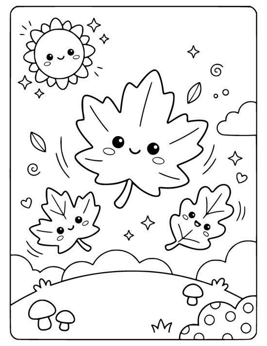 Large maple leaf with a smiling face drifting down beside two smaller leaves on a coloring page