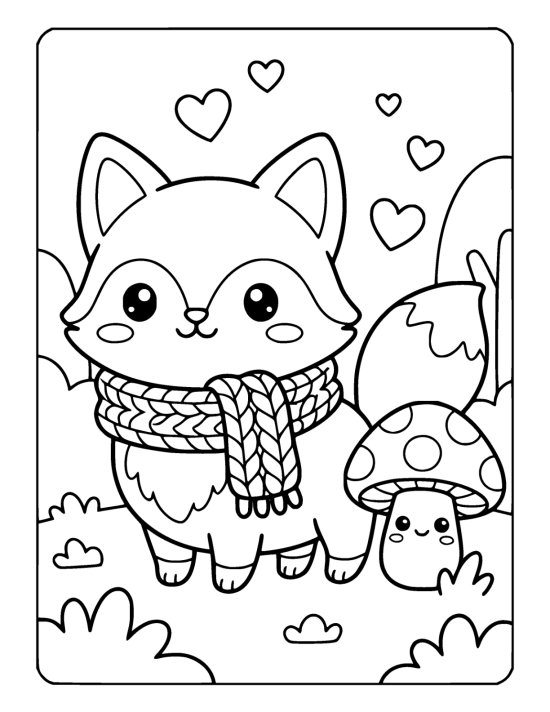 Round chibi fox in a chunky knitted scarf beside a smiling mushroom on a coloring sheet