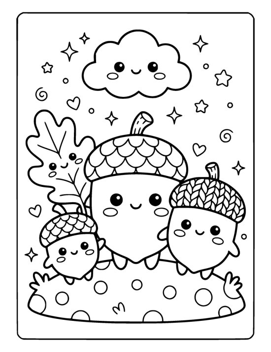 Three plump acorns with smiling faces standing together on a mound on a coloring page