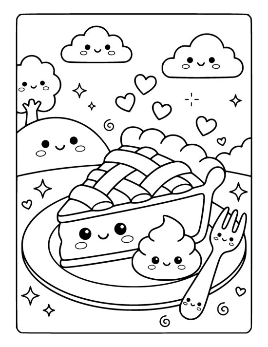 Wedge of apple pie with a smiling face and a lattice crust on a plate on a coloring sheet