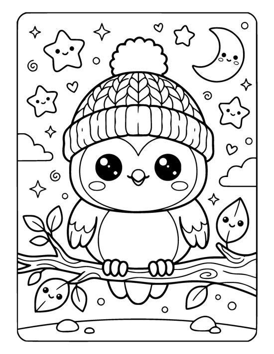 Round chibi owl in a knitted beanie perched on a thick branch on a coloring page