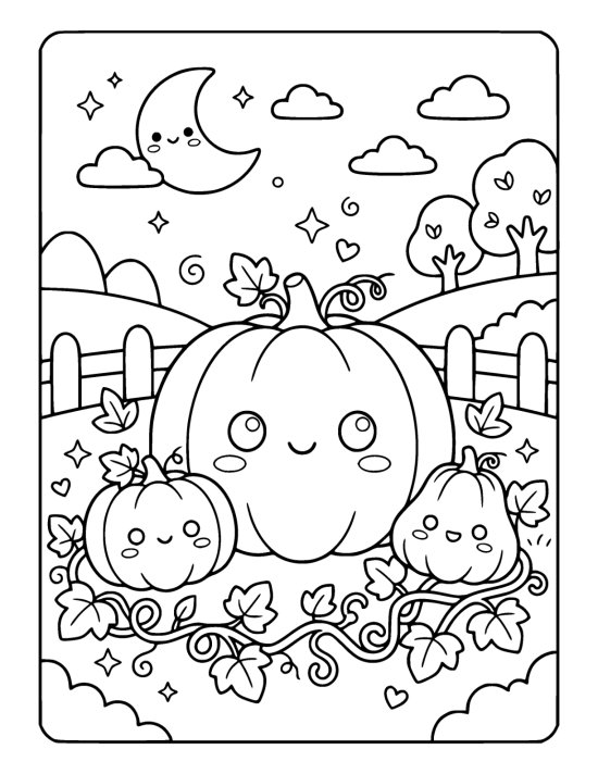 Three smiling pumpkins sit among curling vine leaves beneath a crescent moon drawn bold and easy