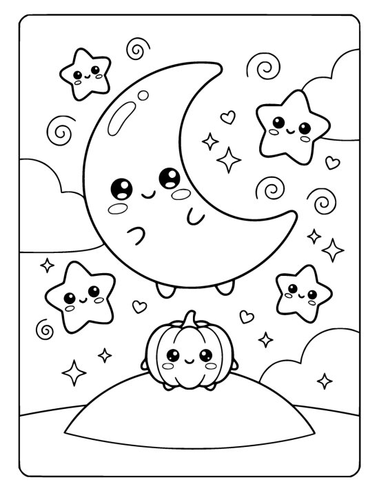 Smiling crescent moon floats among cheerful stars above a tiny grinning pumpkin coloring page