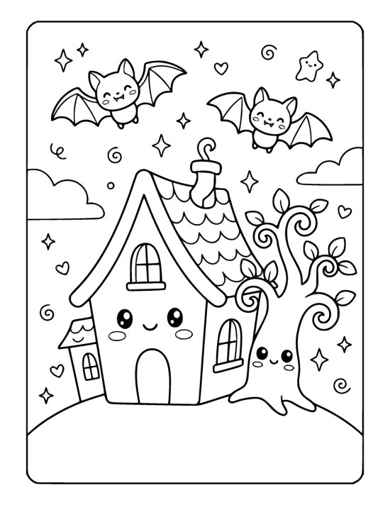 Little cottage with a smiling face sits below two bats and curling vines coloring sheet