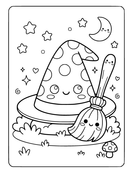 Polka dot witch hat rests beside a cheerful broom under a crescent moon drawn bold and easy