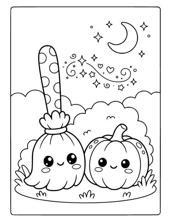 Cheerful broom stands beside a grinning pumpkin on a small moonlit mound coloring page