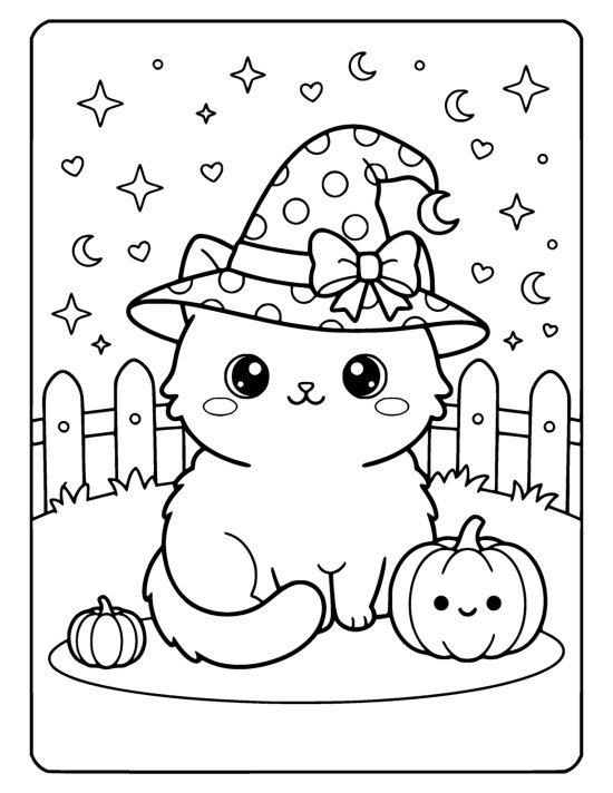 Fluffy cat wears a spotted witch hat while sitting between two small pumpkins coloring sheet