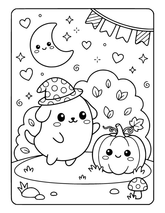 Ghost in a mushroom cap drifts beside a smiling pumpkin under paper bunting drawn bold and easy