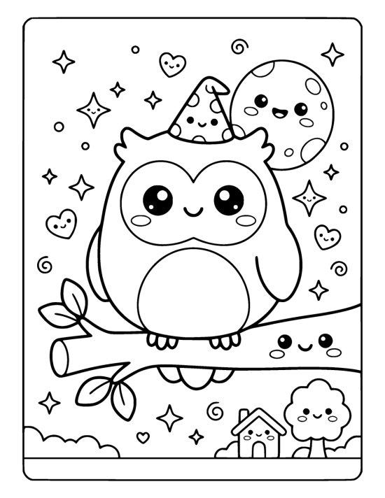 Wide eyed owl in a witch hat sits on a branch beside a smiling moon coloring page