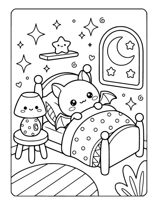 Small bat sleeps under a spotted quilt beside a mushroom lamp and moonlit window coloring sheet