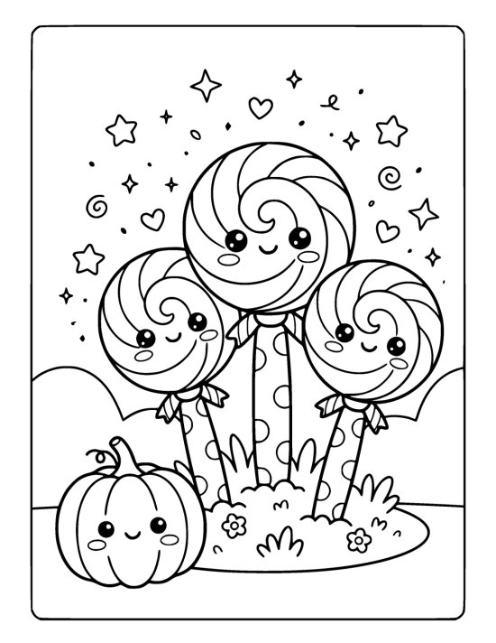 Three swirled lollipops stand in the grass beside a grinning pumpkin and flowers coloring page