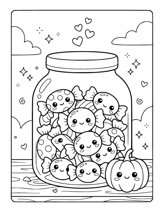 Glass jar crammed with cheerful wrapped candies sits beside a small pumpkin drawn bold and easy